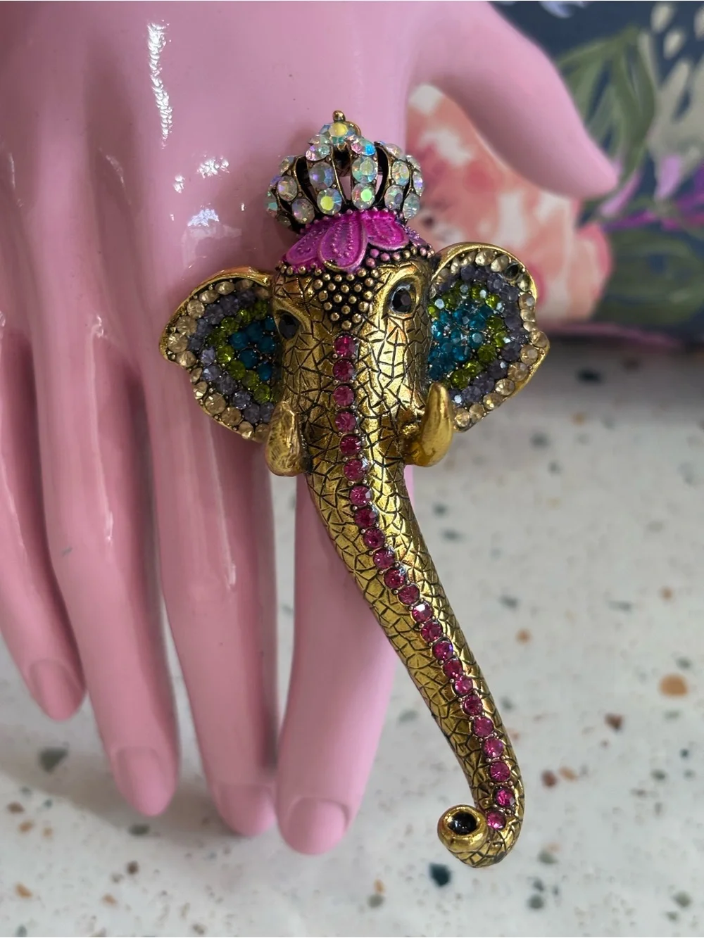 Chunky Large Jeweled Elephant Trunk Ring - Gold with Crystals Costume Jewelry